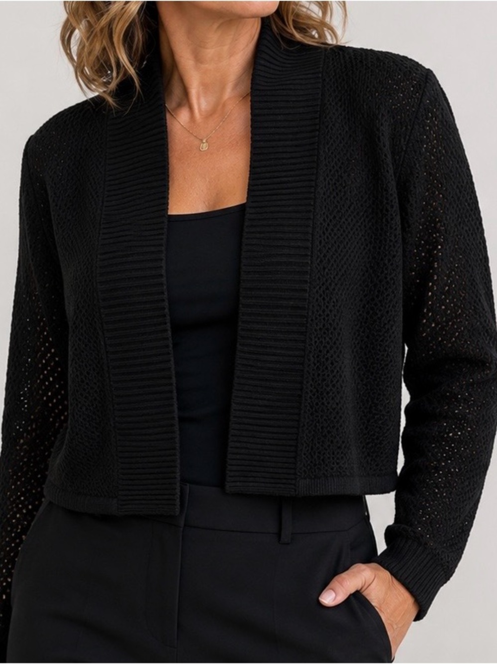 Ladies Calvin Klein Black Open Knit Cropped Cardigan party overlay work 1317